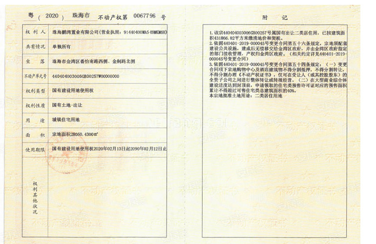 金湾宝龙城不动产权证书 20200067796号