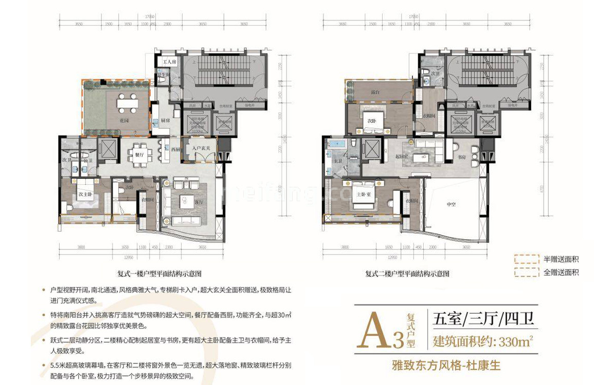 崇峰壹号院复式A3户型 5室3厅4卫 建面330㎡