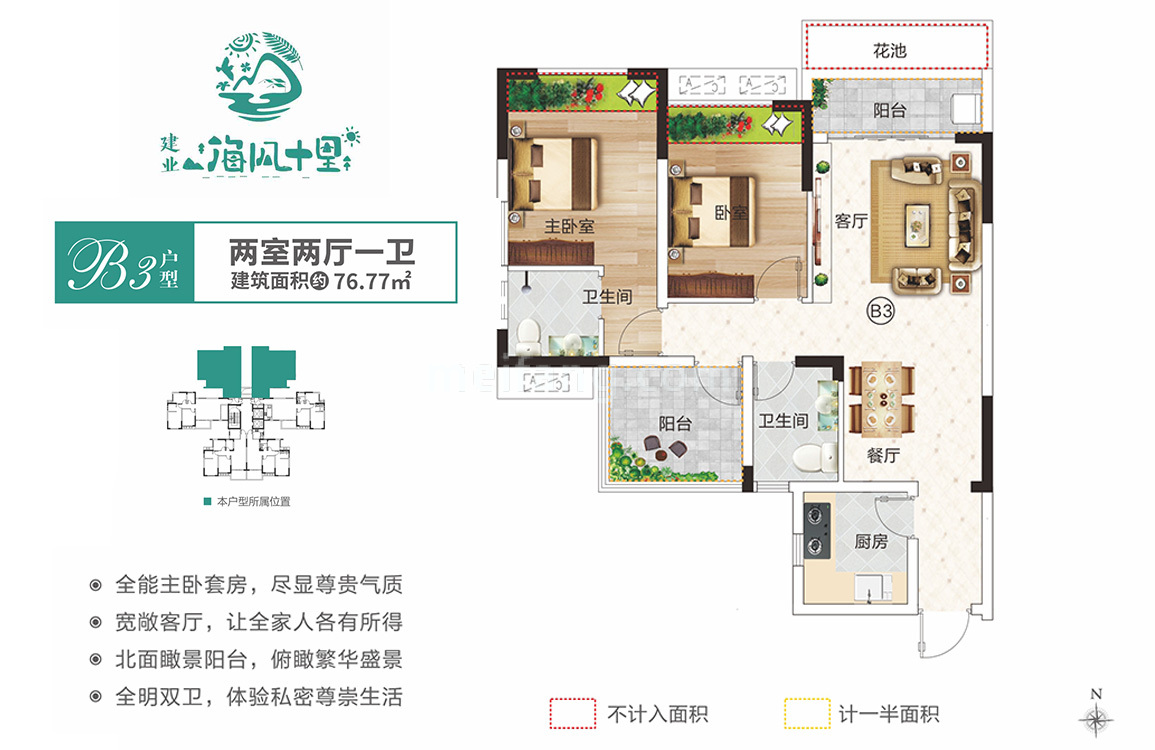 高层 B3户型 2室2厅1卫 建面77㎡