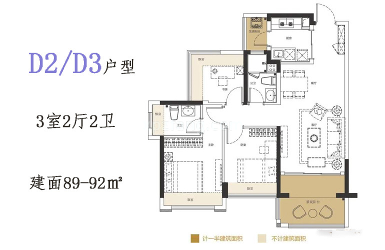 龙光玖誉湾 高层D1/D2户型 3房2厅2卫 建面89-92㎡
