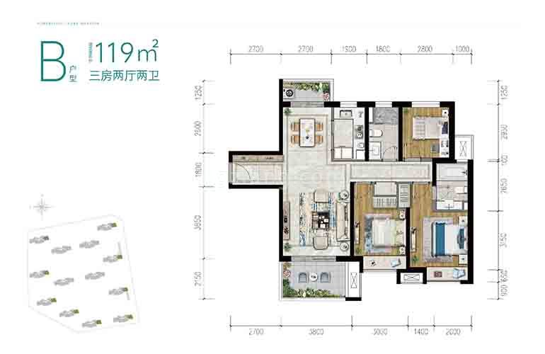 环球100宝龙城四期 B2户型 三房两厅两卫 建筑面积119㎡