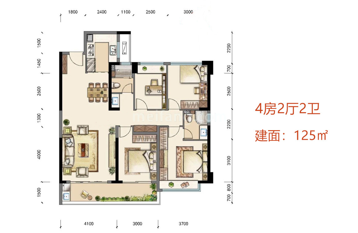 平层户型 4房2厅2卫 建面125㎡