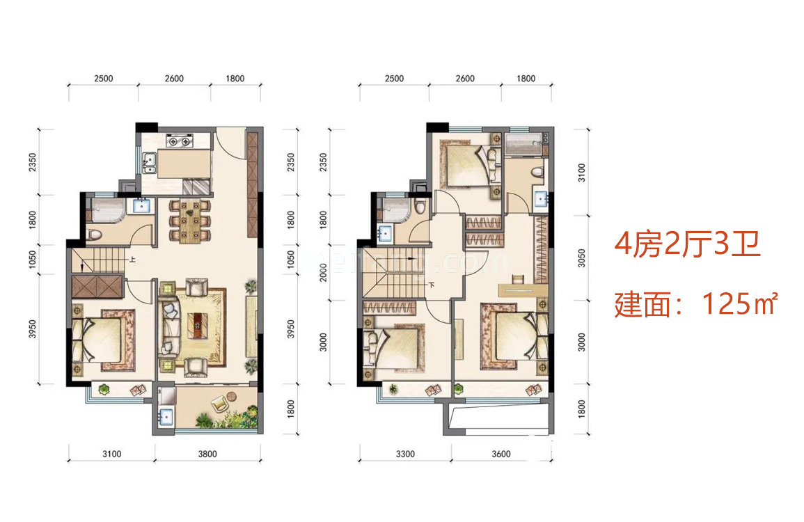 复式户型 4房2厅3卫 建面125㎡