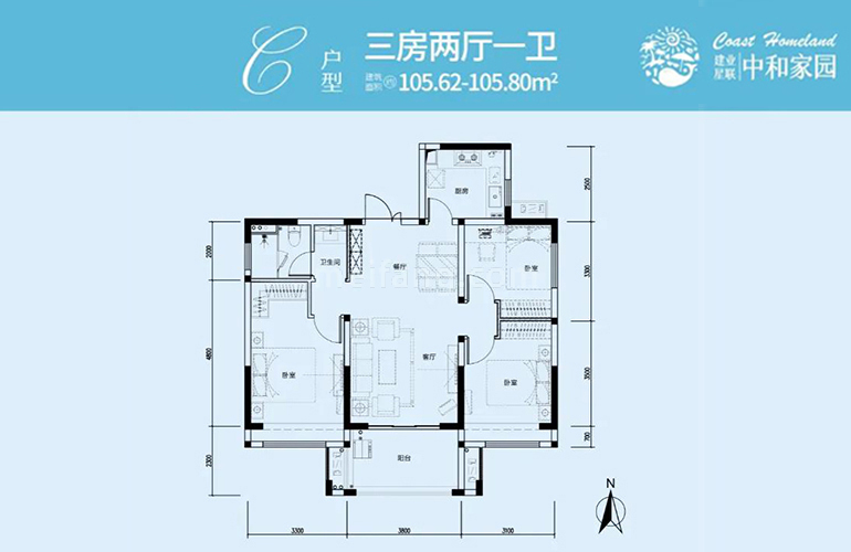 C户型 三房两厅一卫 建筑面积105㎡