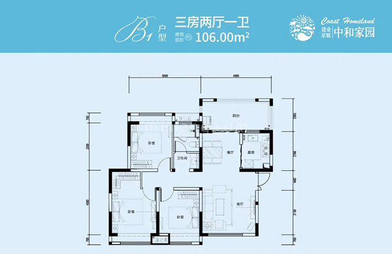 B1户型 三房两厅一卫  建筑面积106㎡