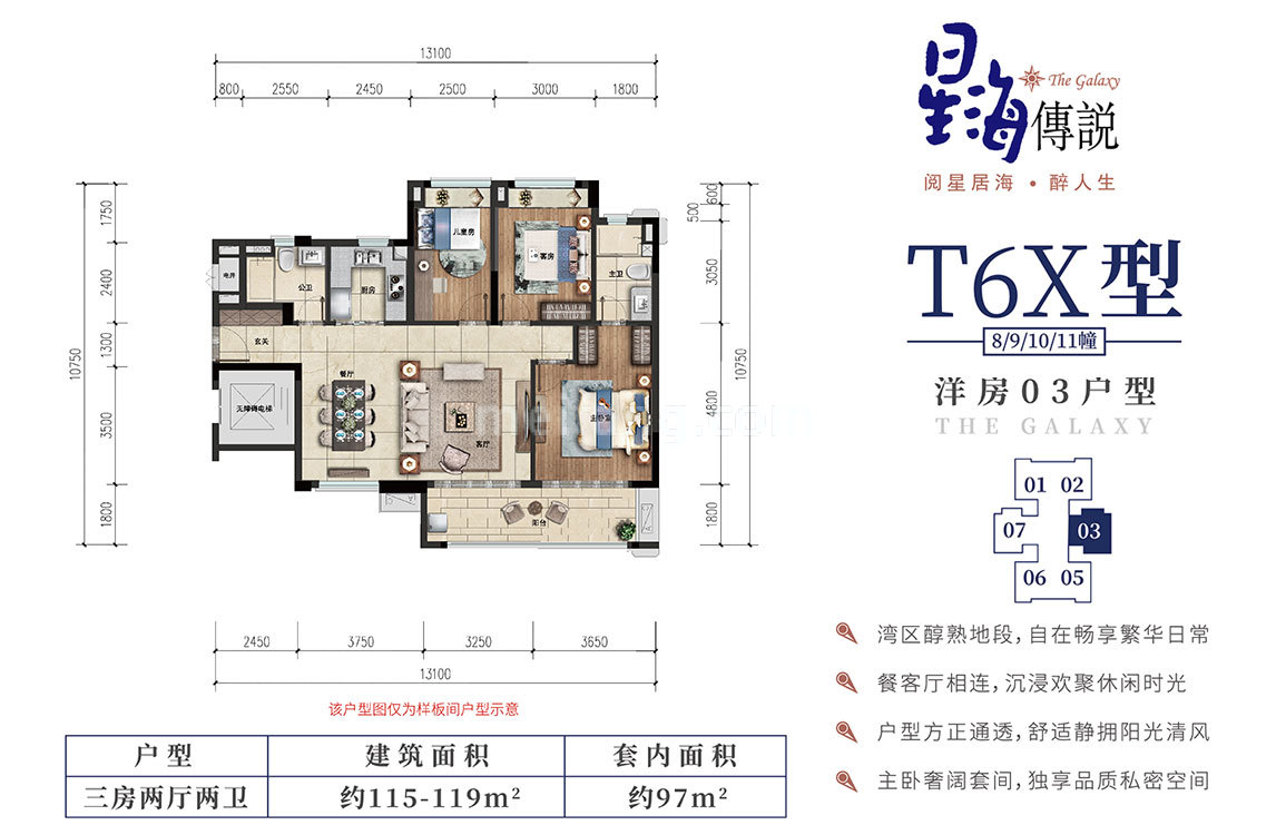 雅居乐清水湾T6X型洋房03户型 3房2厅2卫 建筑面积115-119㎡