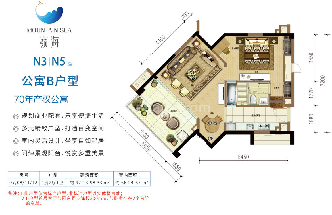 领海公寓B户型 1房2厅1卫 建面97-98㎡