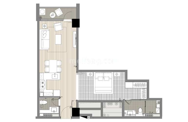 L户型 1居2厅1厨2卫建筑面积75㎡