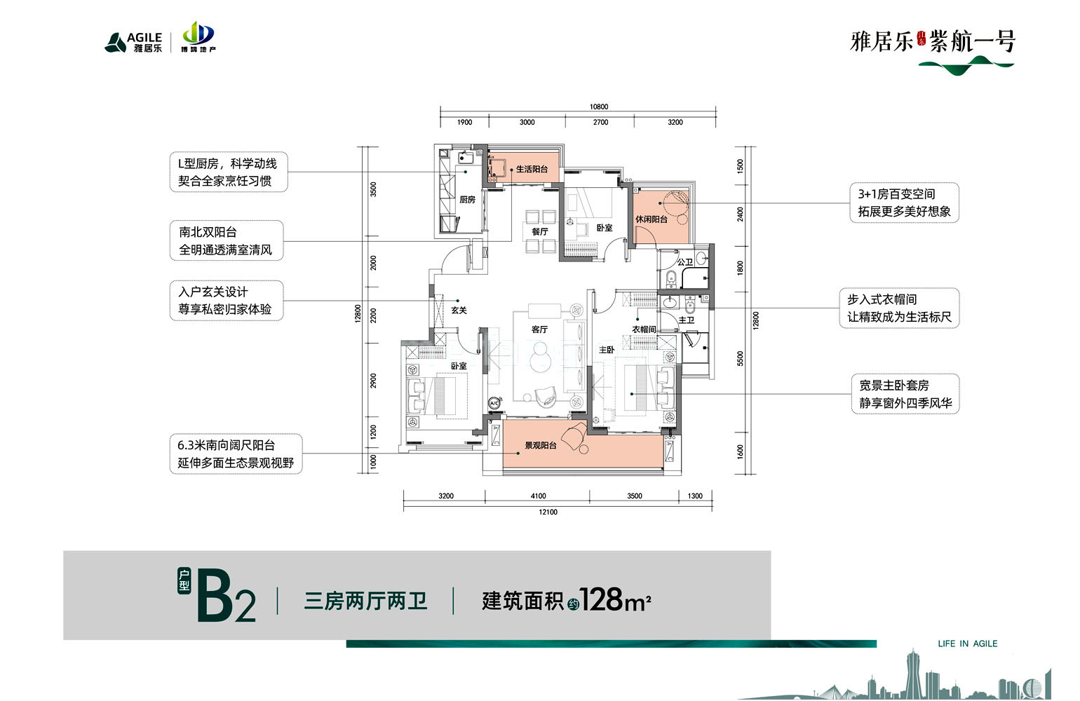 雅居乐江东紫航一号B2户型 三房两厅两卫 建筑面积128㎡