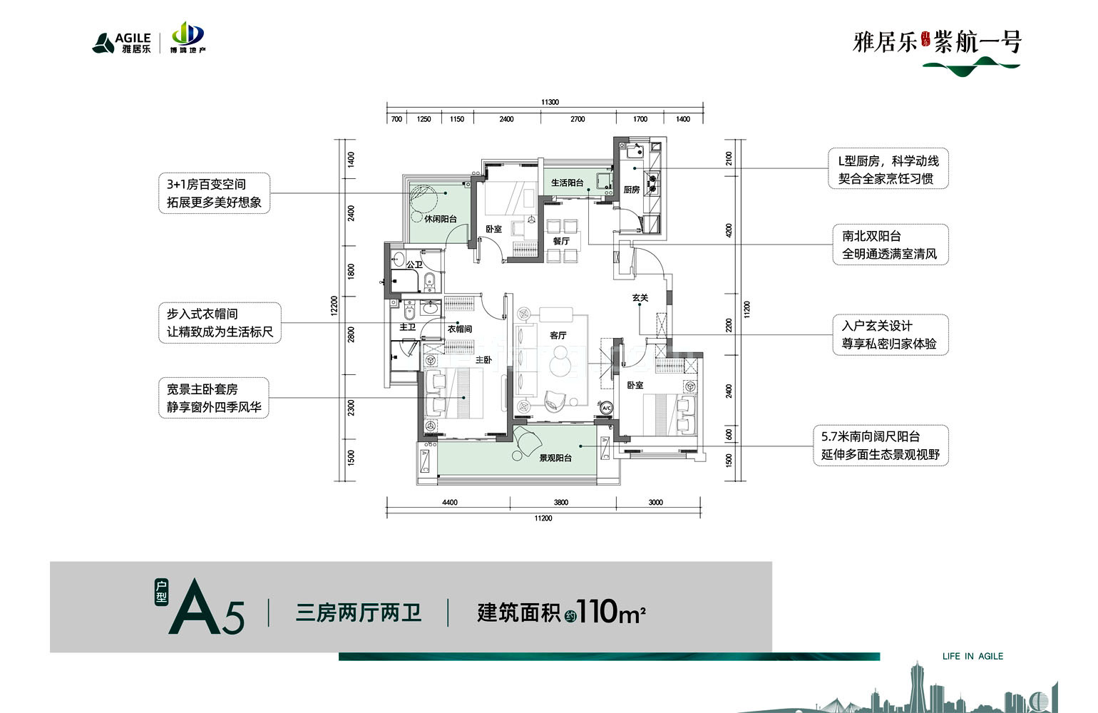 雅居乐江东紫航一号A5户型 三房两厅两卫 建筑面积110㎡