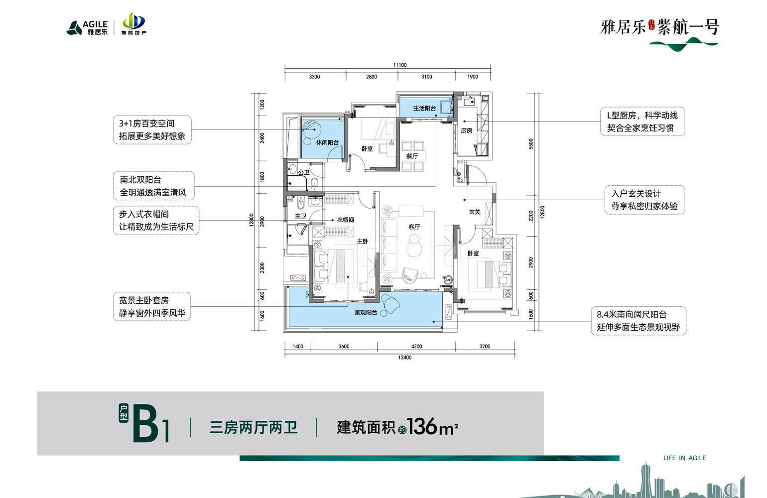 雅居乐江东紫航一号B1户型 三房两厅两卫 建筑面积136㎡