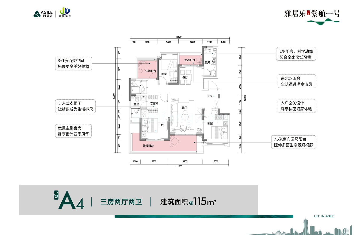 雅居乐江东紫航一号A4户型 三房两厅两卫 建筑面积115㎡