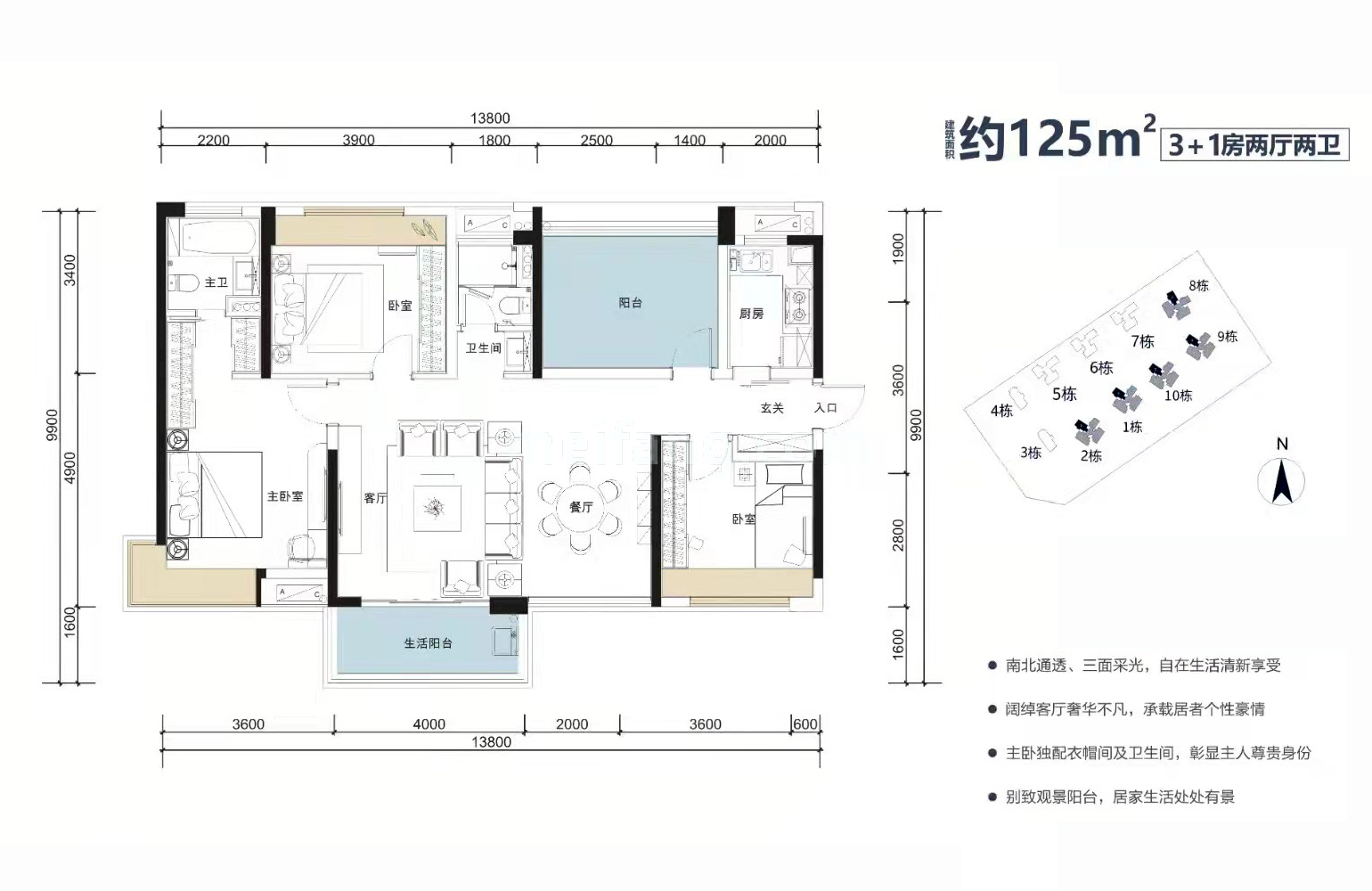 三一蓝海花园高层 4房2厅2卫 建面125㎡