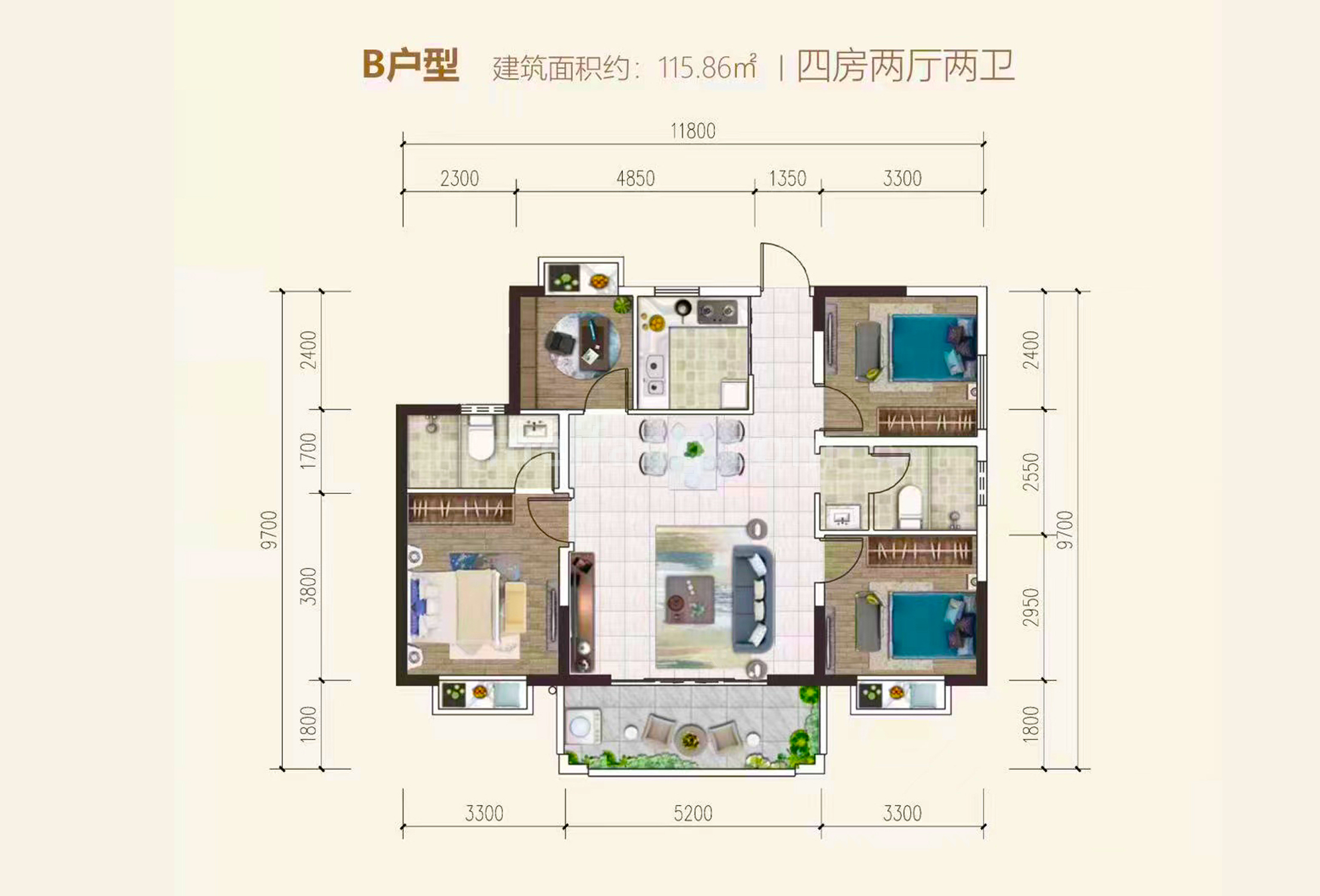 高层 B户型 4居2厅2卫建筑面积116㎡