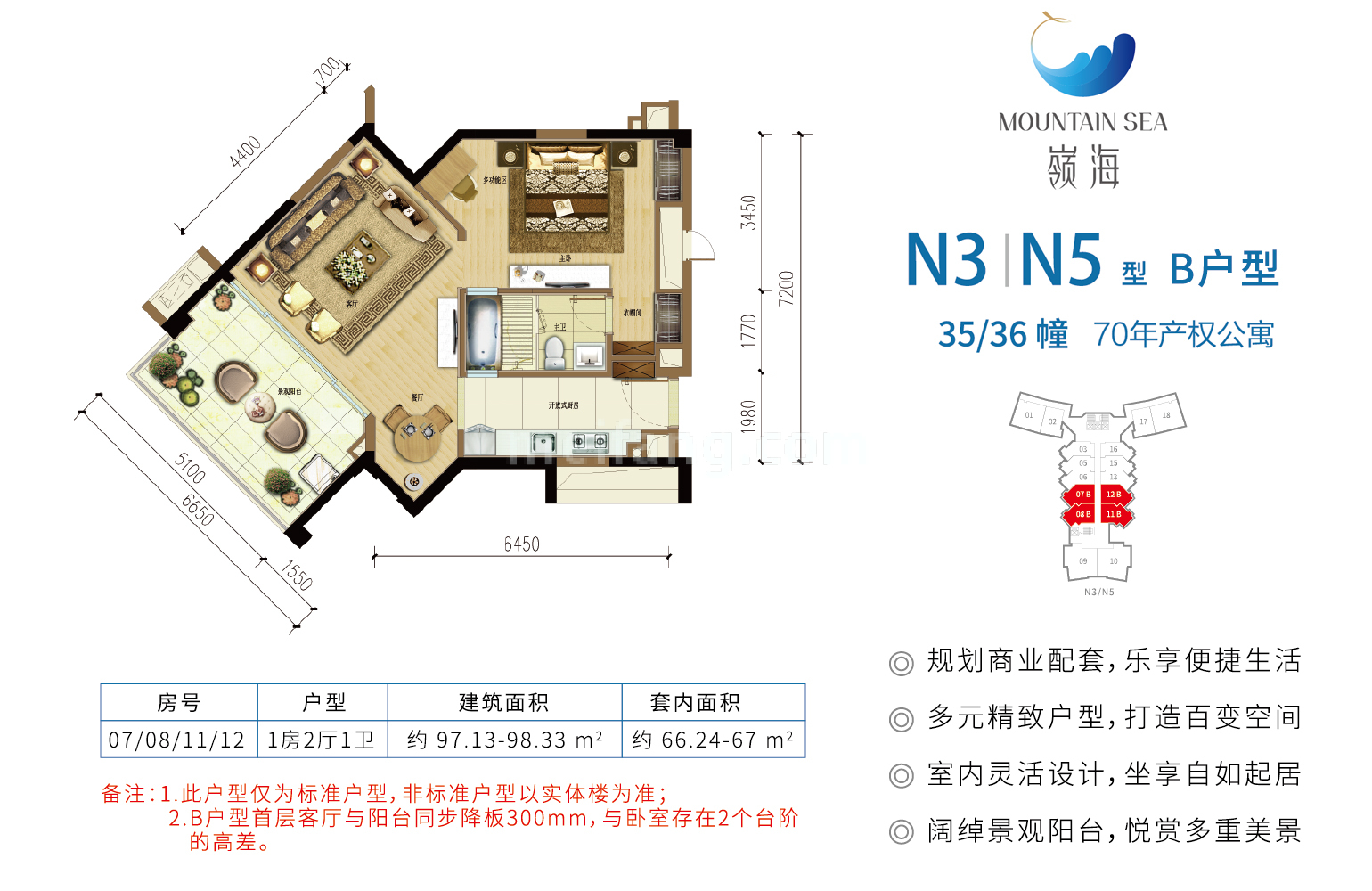 海境新天16栋N3/N5 B户型 1房2厅1卫 建面97-98㎡