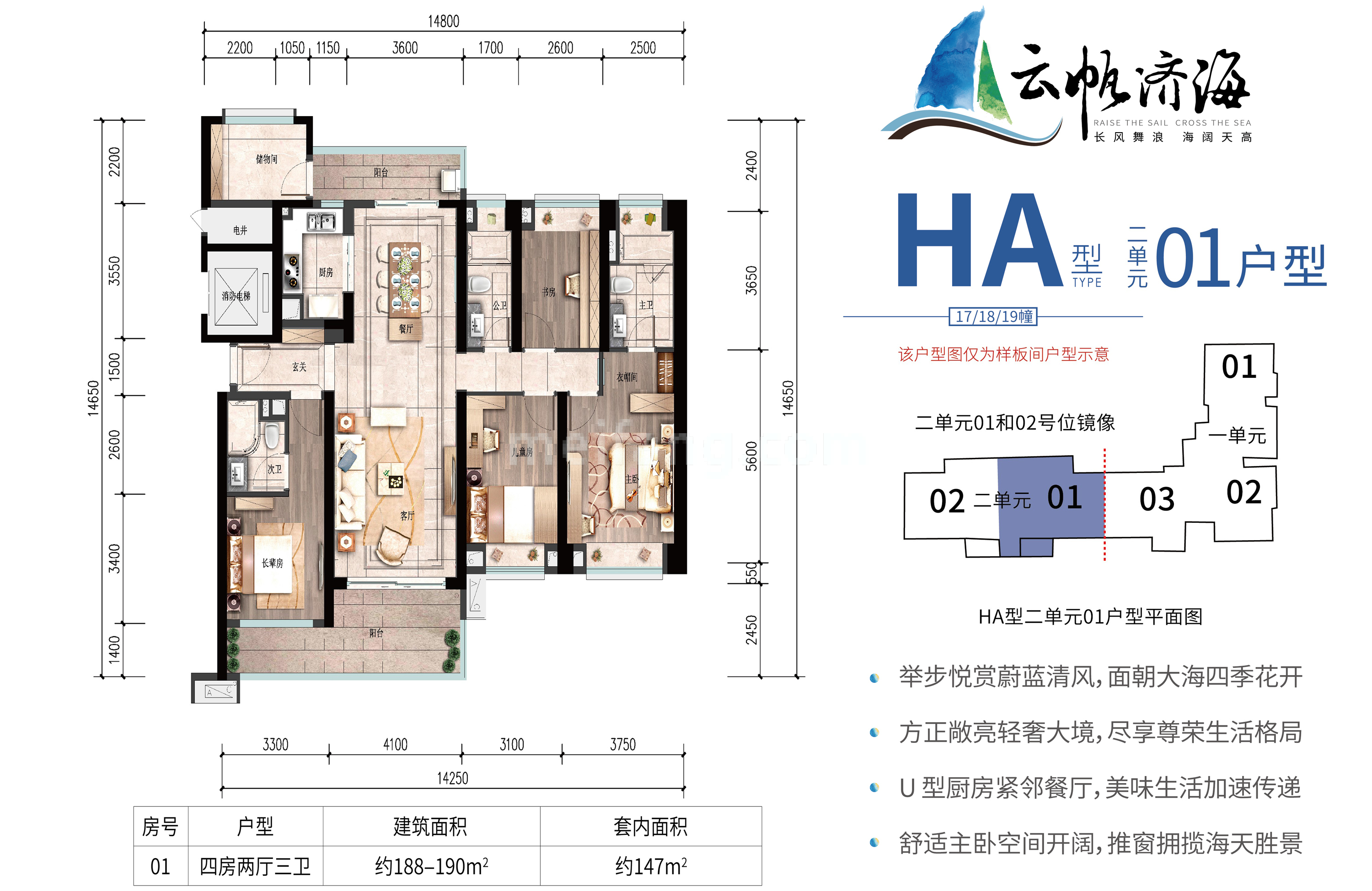 平层 HA型二单元01户型 4房2厅3卫 建面188-190㎡