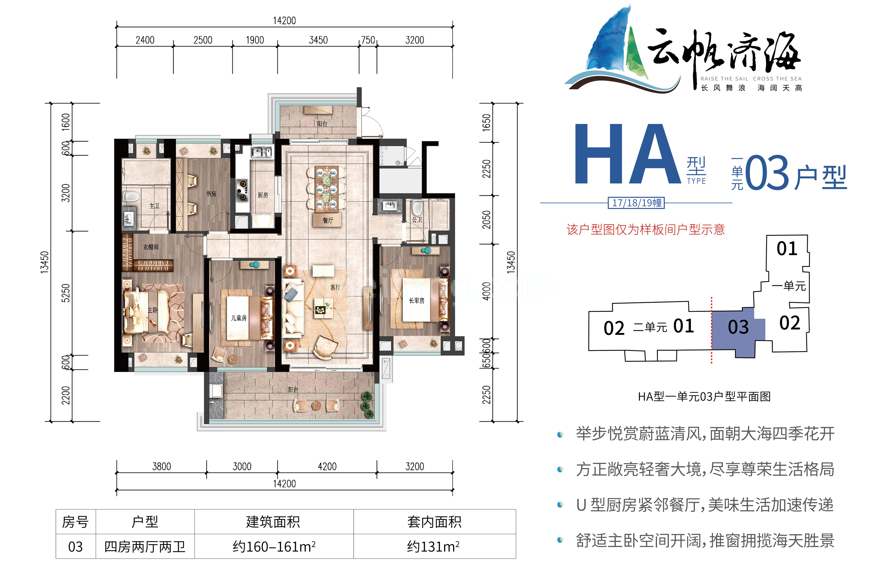 平层 HA型一单元03户型 4房2厅2卫 建面160-161㎡