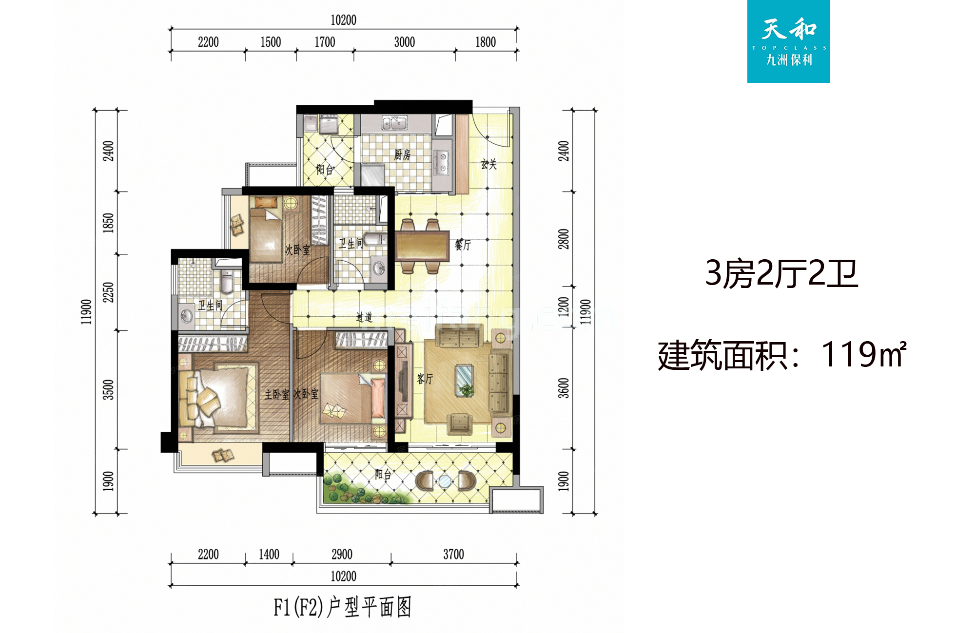 高层 F1/F2户型 3房2厅2卫 建筑面积119㎡