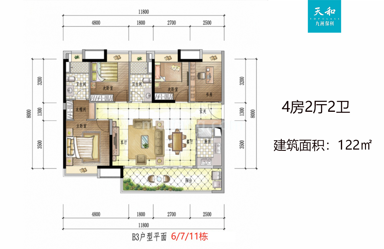 高层 B3户型 4室2厅2卫 建筑面积122㎡