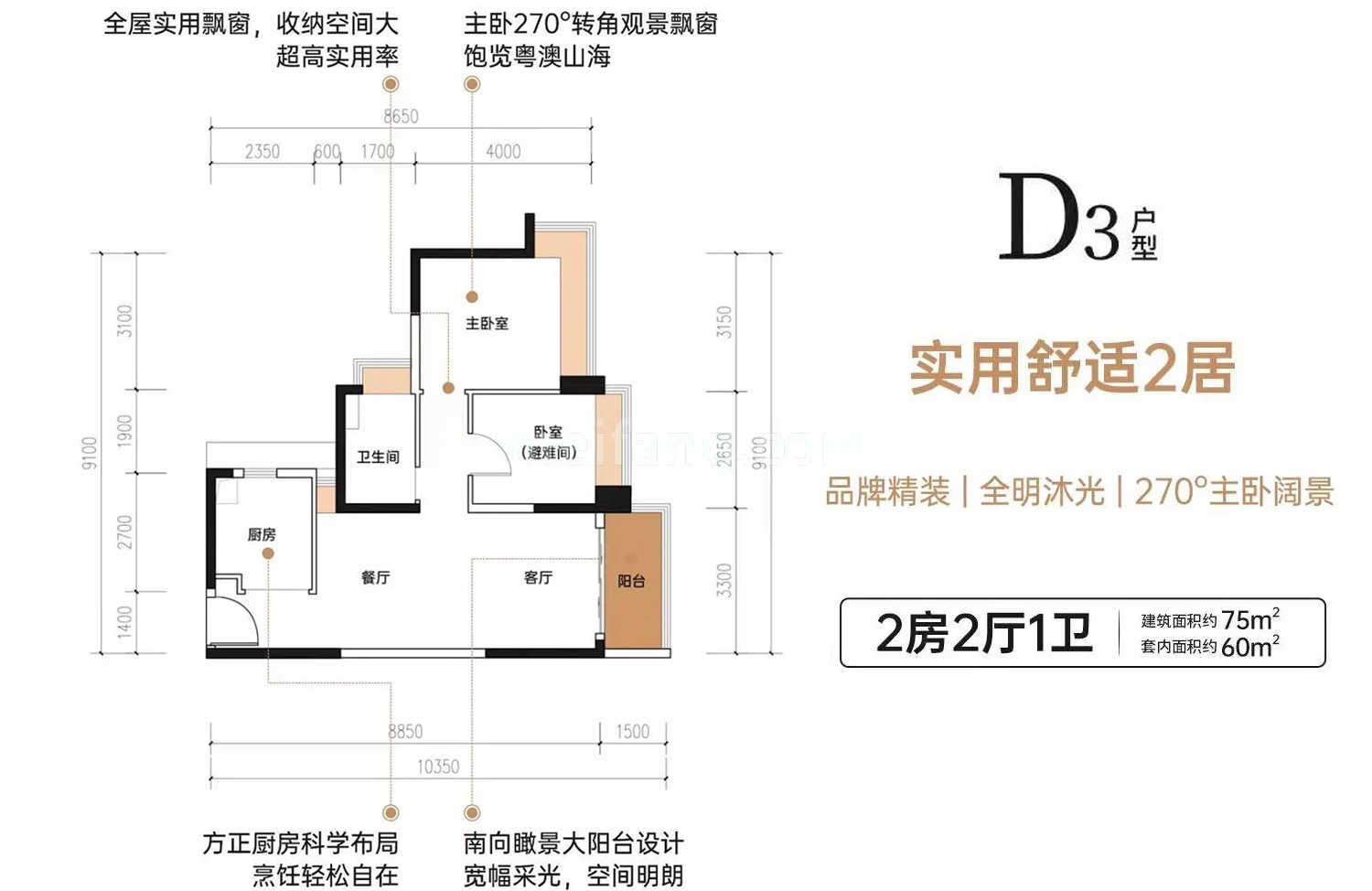 高层 D3户型 2房2厅1卫 建筑面积75㎡