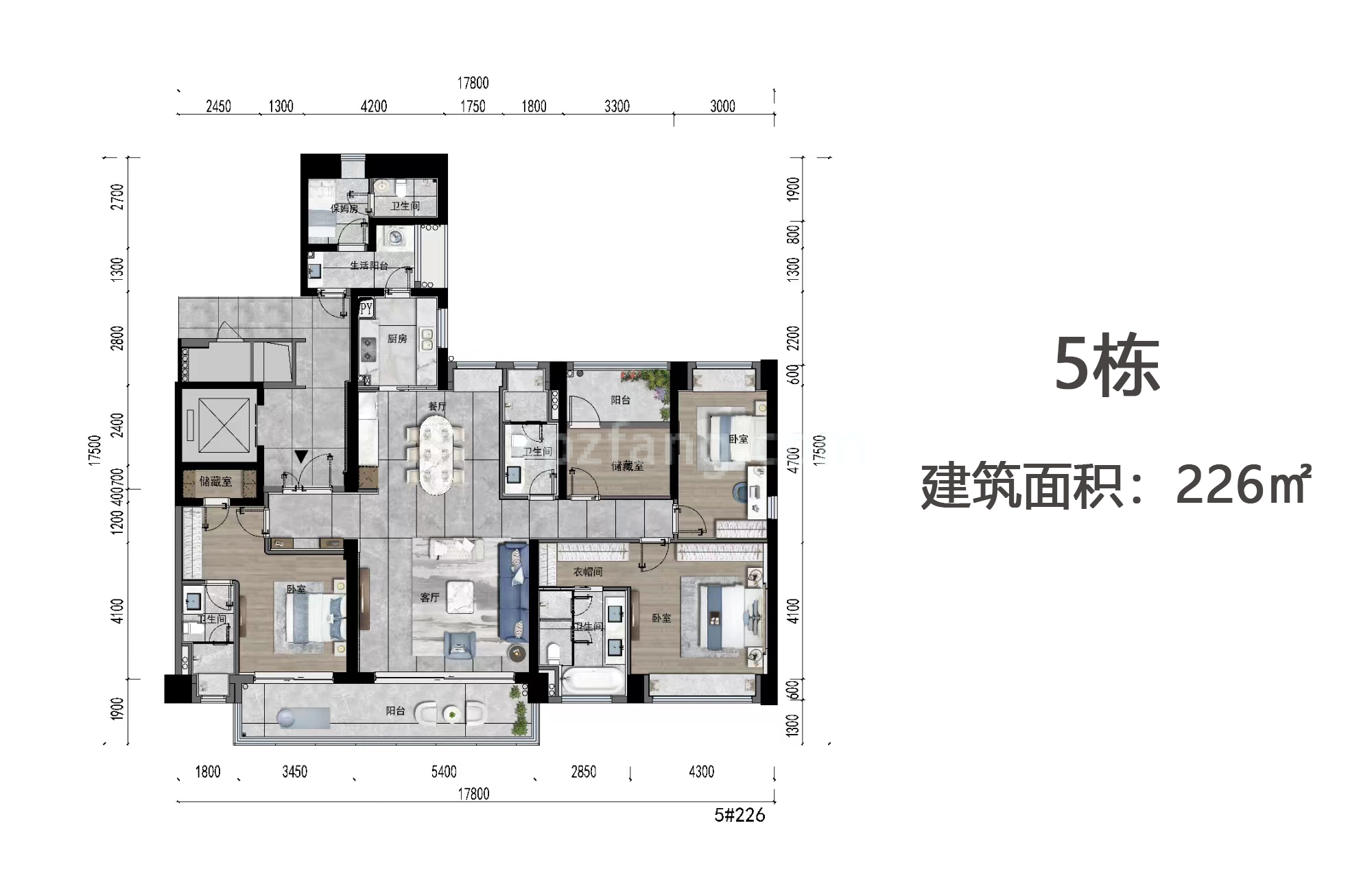 高层 5栋户型 5房2厅3卫+保姆房 建筑面积226㎡