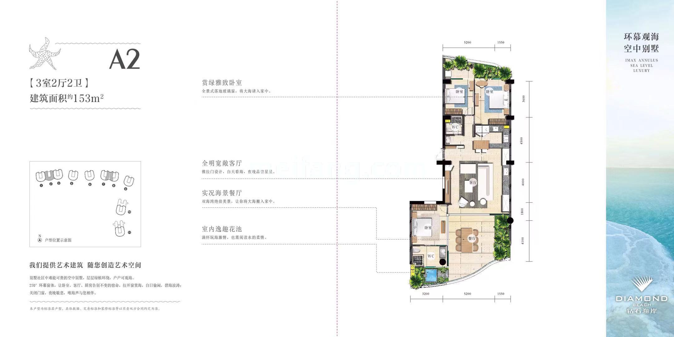 融创钻石海岸空中墅 A2户型 3房2厅2卫 建筑面积153平
