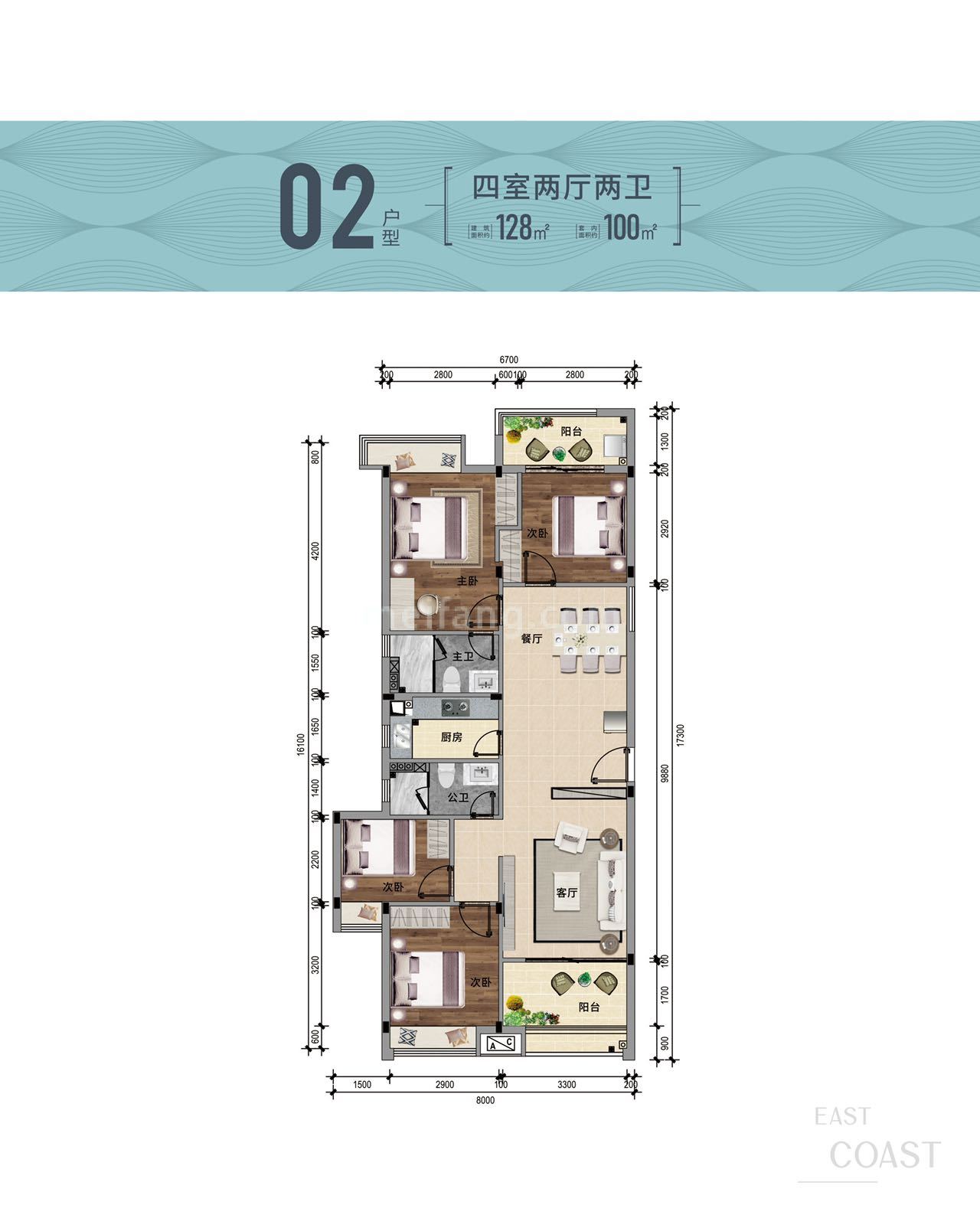 洋房 02户型 4室2厅2卫 建筑面积128㎡