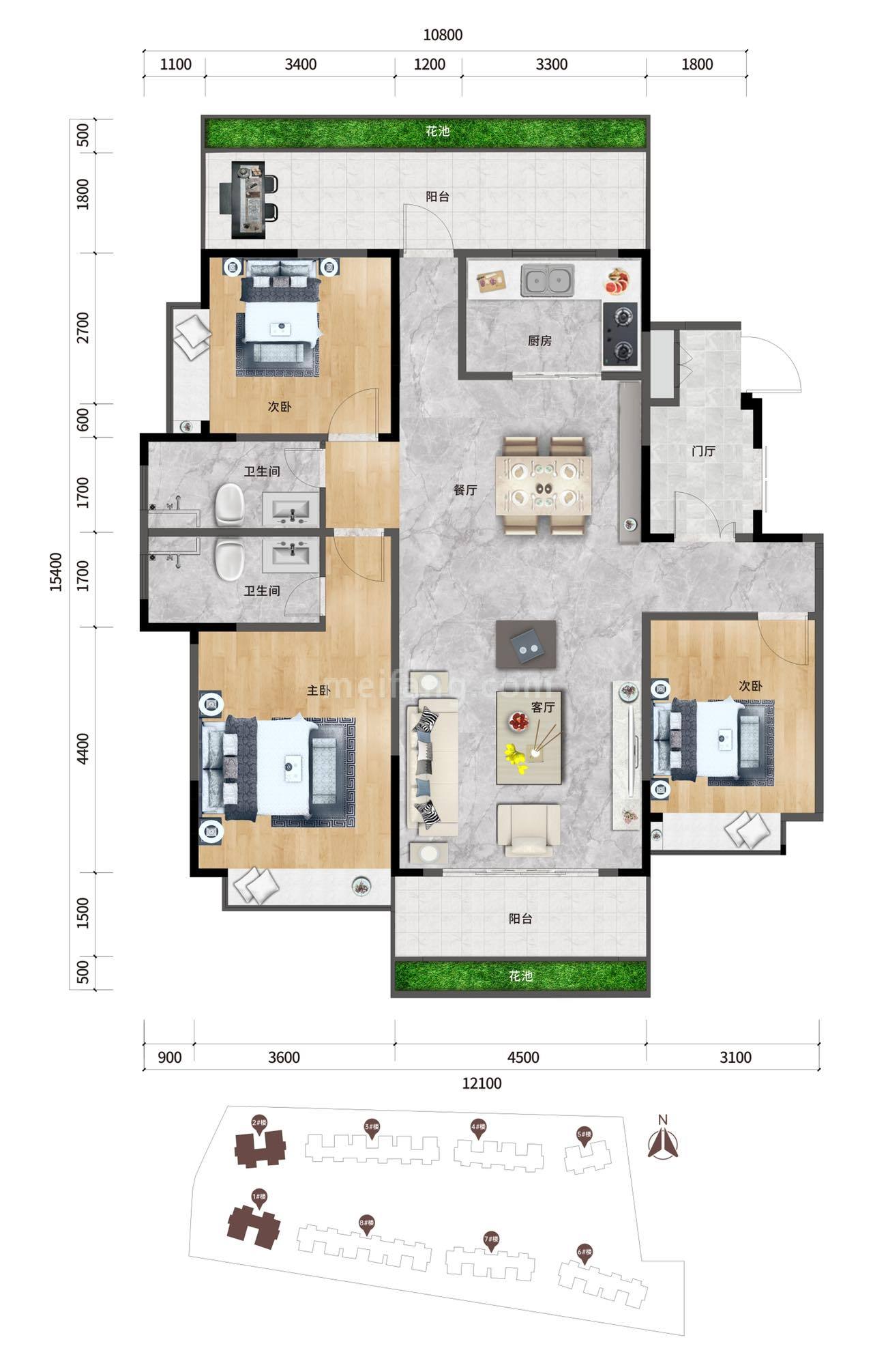 洋房 B户型 3室2厅2卫 建筑面积：143㎡ 