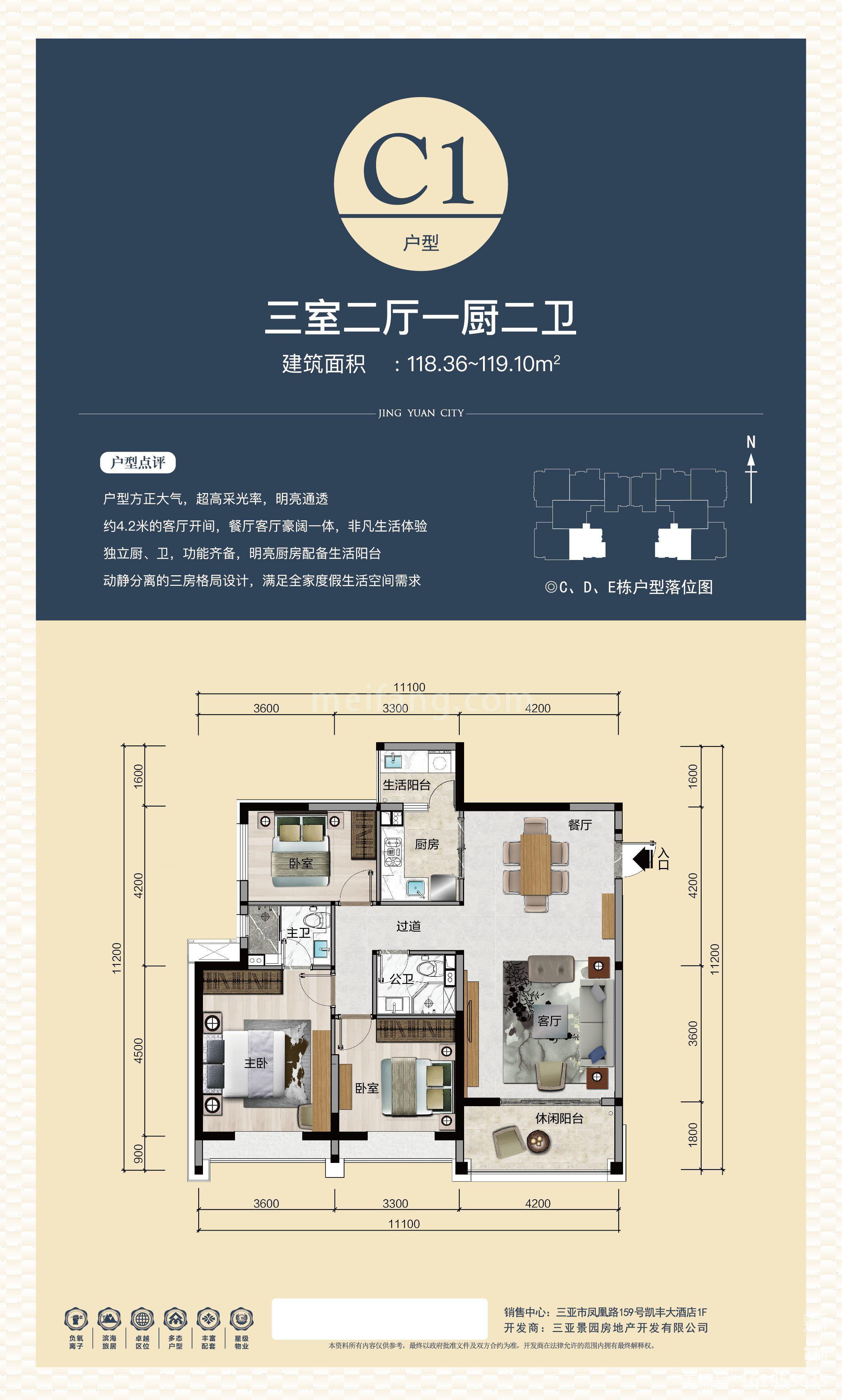 高层 C1户型 3室2厅2卫 建筑面积118㎡