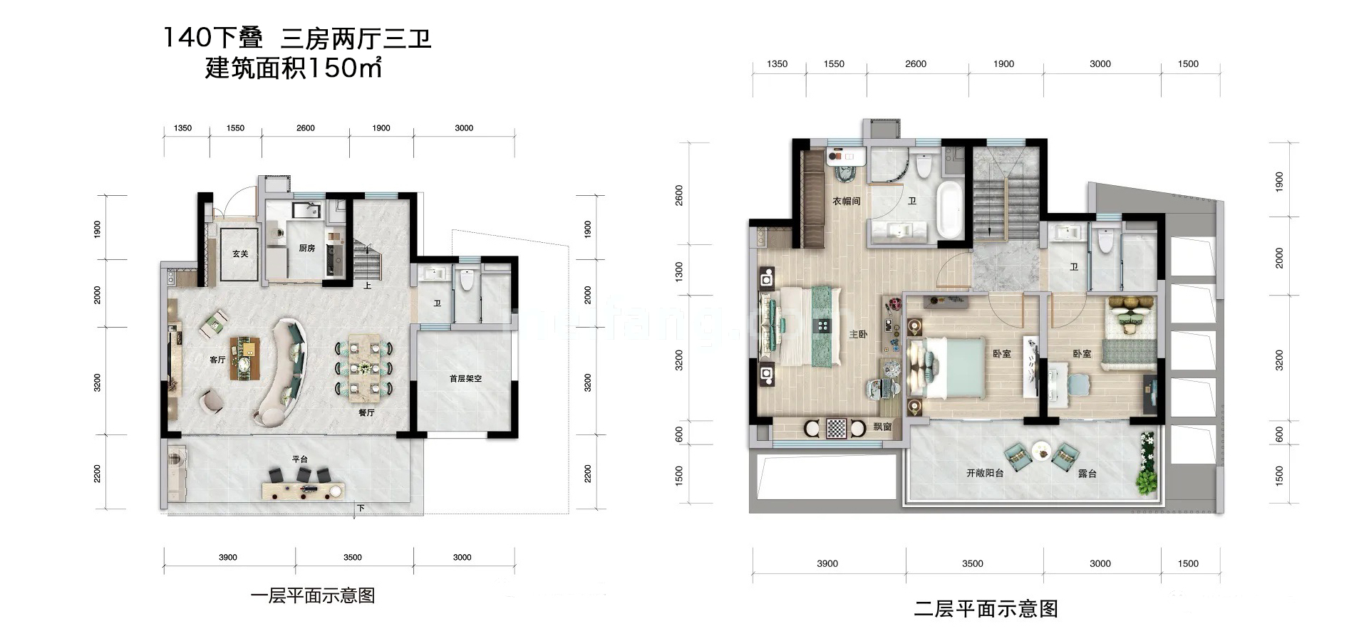 碧桂园中央半岛云玺台叠墅 140下叠 3房2厅3卫 建筑面积150㎡