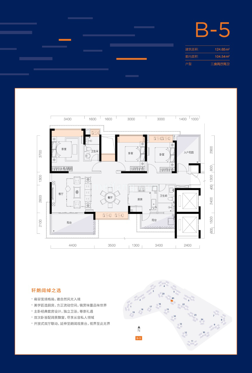 高层 B-5户型 3房2厅2卫 建面124㎡
