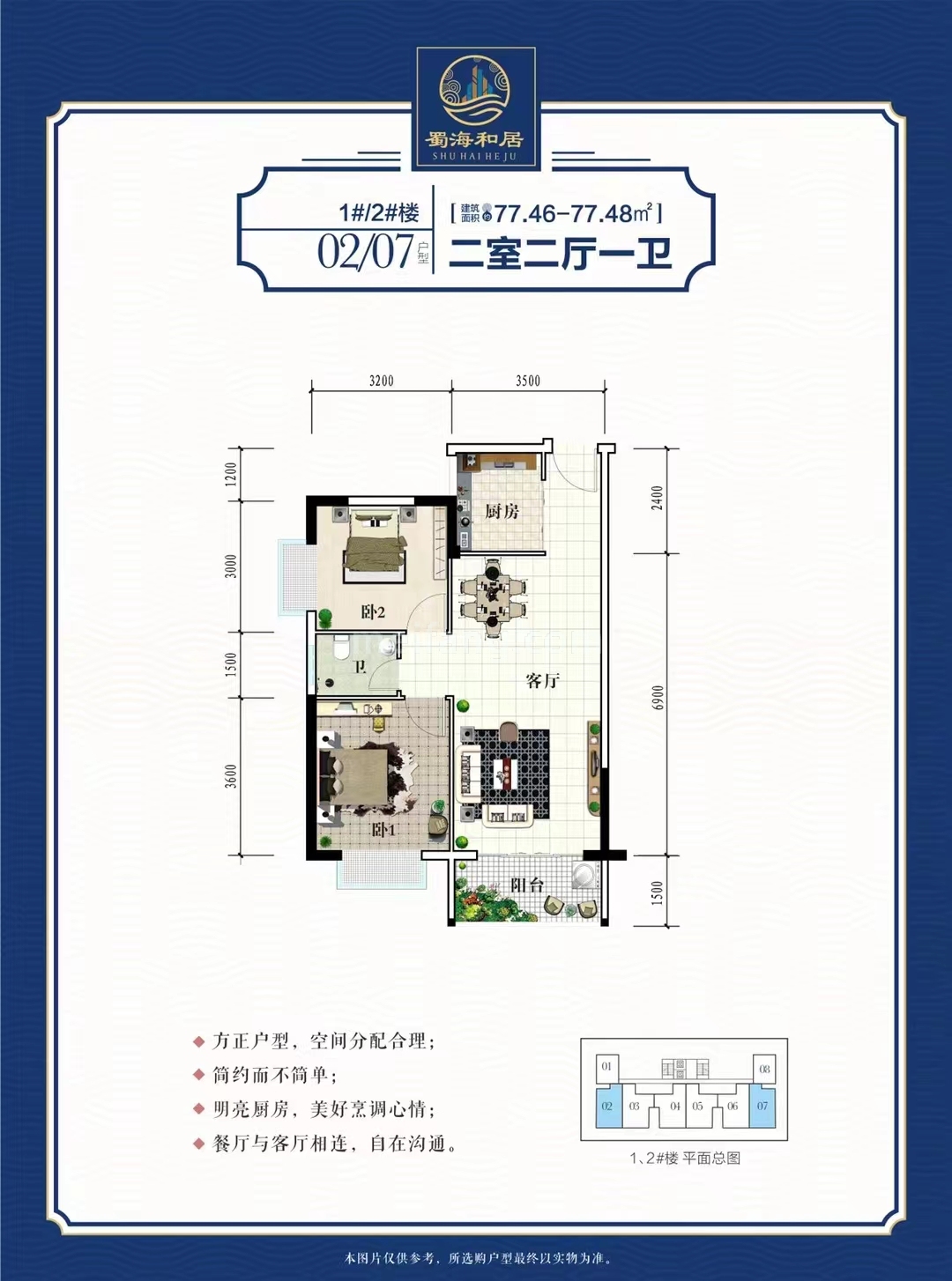 高层 1#/2#楼 02/07户型  建面77.46㎡ 二室二厅一卫