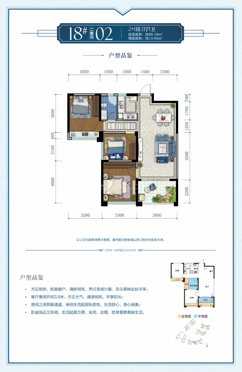 第九湾高层 18#2单元02户型 3房2厅1卫 建筑面积88.16㎡