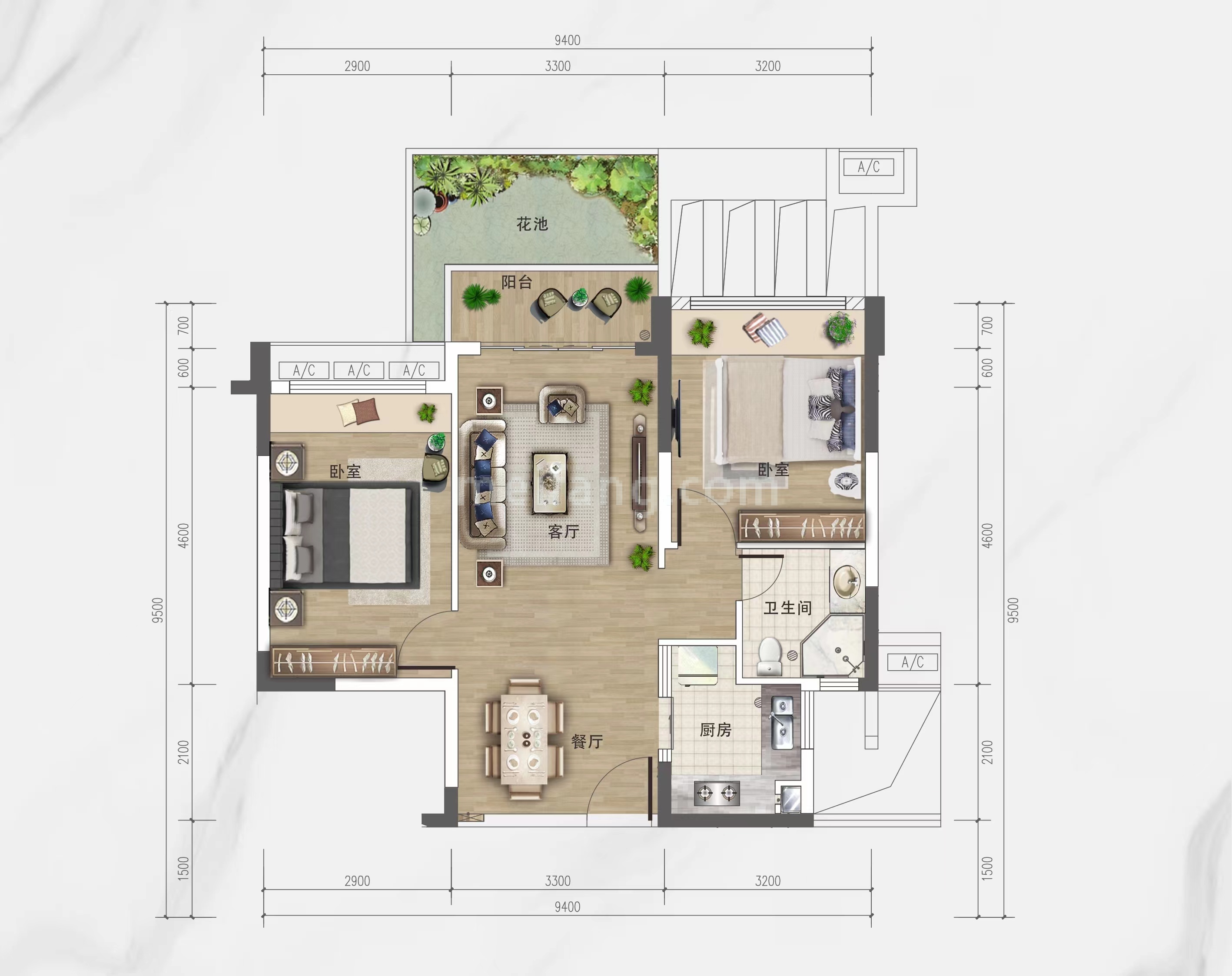 盈滨海岸洋房 A户型 2房2厅1卫 建面69㎡