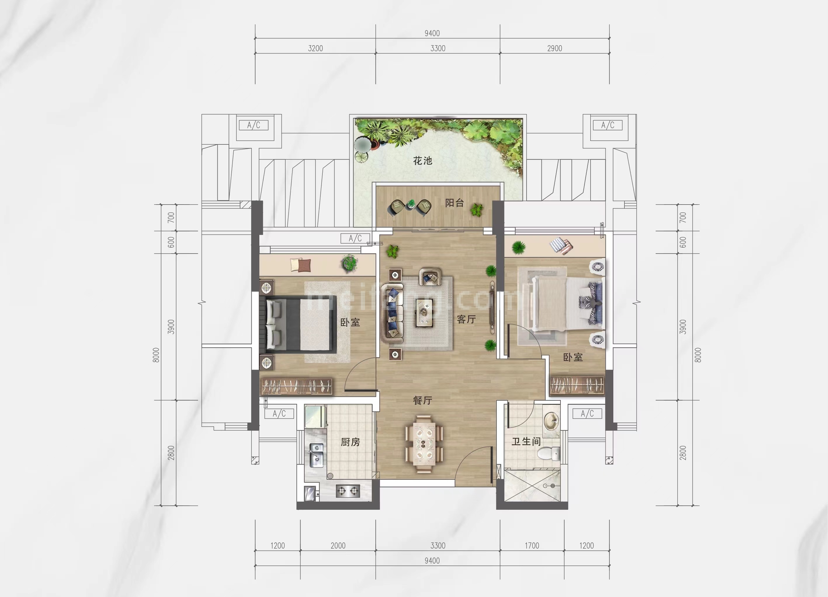 盈滨海岸洋房 D户型 2房2厅1卫 建面67㎡