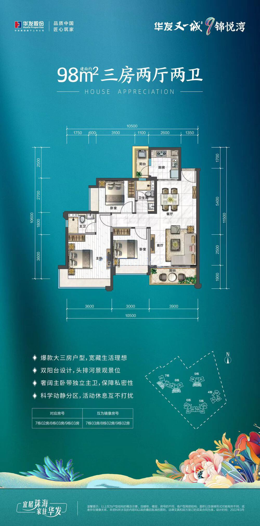 高层 3房2厅2卫 建筑面积98㎡