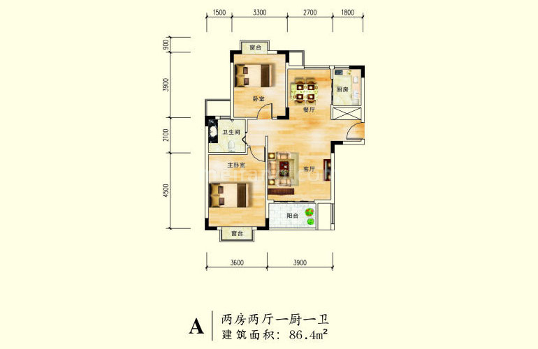 高层 A户型 2房2厅1卫 建面86㎡