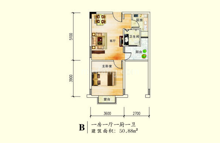 高层 B户型 1房1厅1卫 建面51㎡