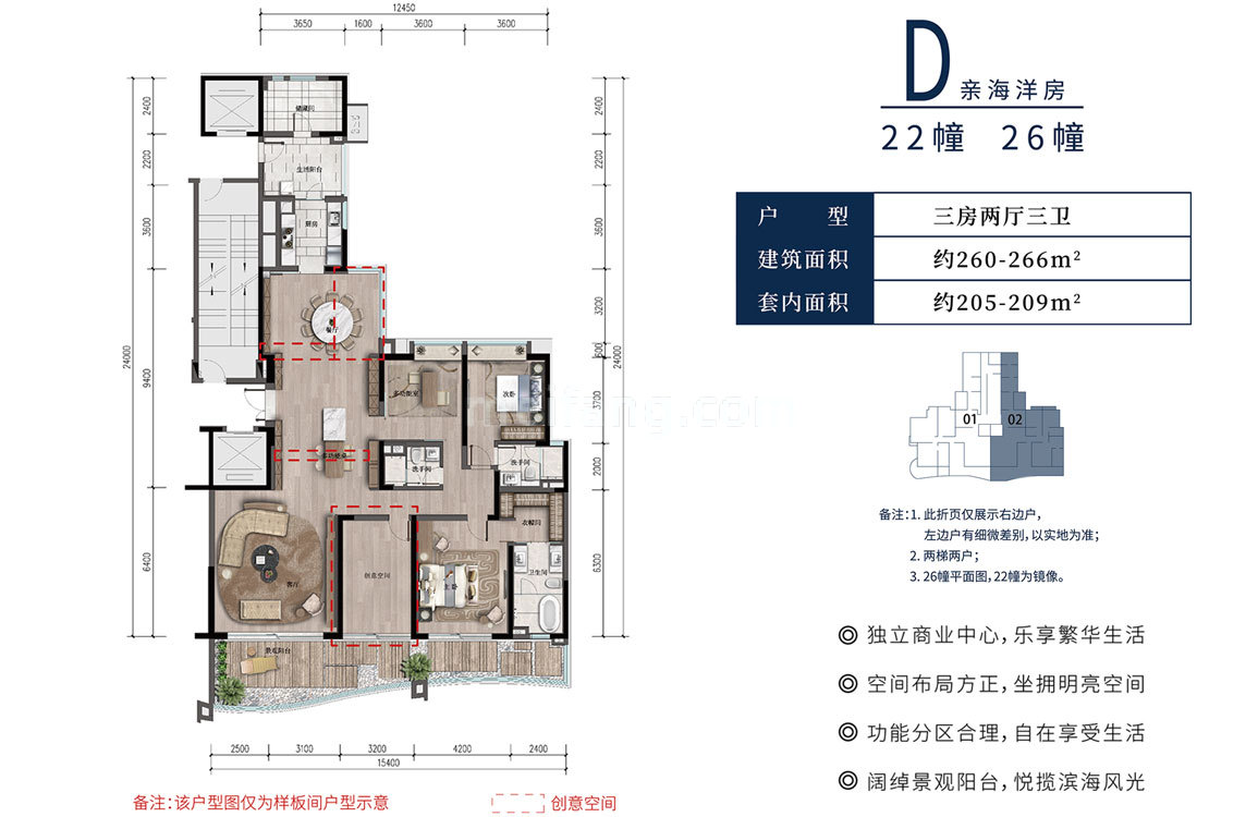 大平层 D户型 3房2厅3卫 建面260-266㎡