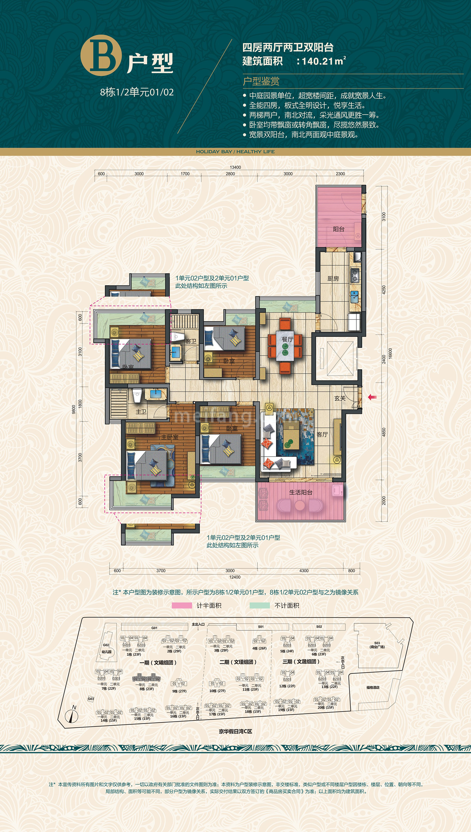 平层 B户型 4房2厅2卫 建面140㎡