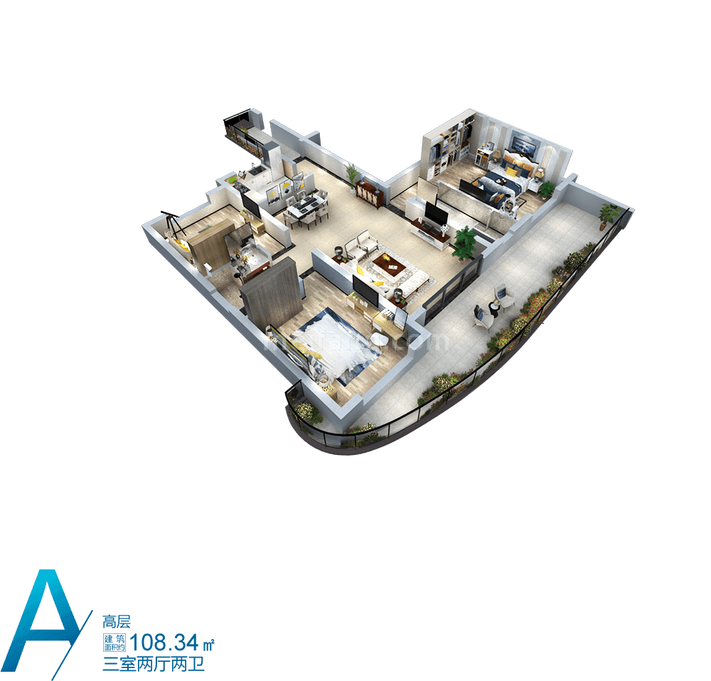 中国铁建龙沐湾一号高层 A户型 3室2厅2卫 建筑面积108.34㎡