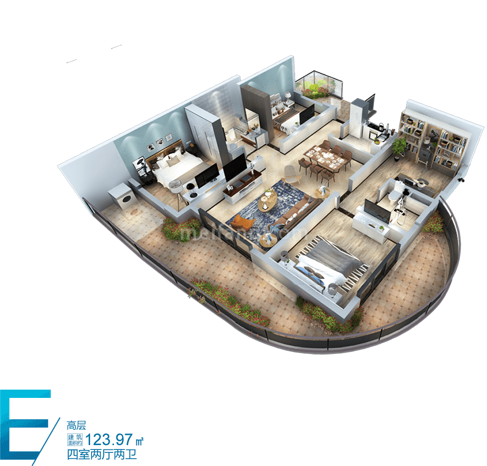 中国铁建龙沐湾一号高层 E户型 4室2厅2卫 建筑面积123.97㎡