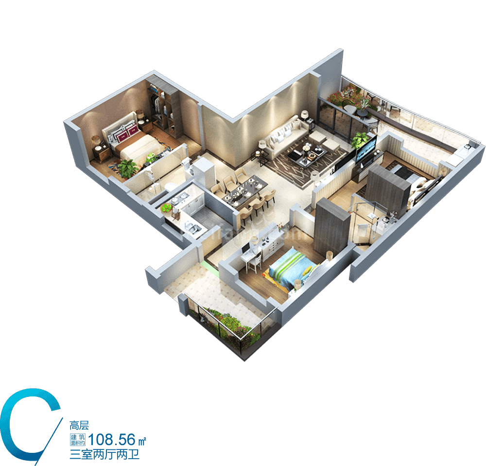 中国铁建龙沐湾一号高层 C户型 3室2厅2卫 建筑面积108.56㎡