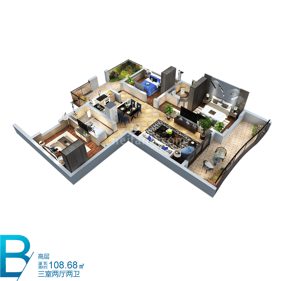 中国铁建龙沐湾一号高层 B户型 3室2厅2卫 建筑面积108.68㎡