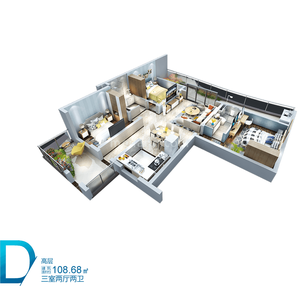 中国铁建龙沐湾一号高层 D户型 3室2厅2卫 建筑面积108.68㎡
