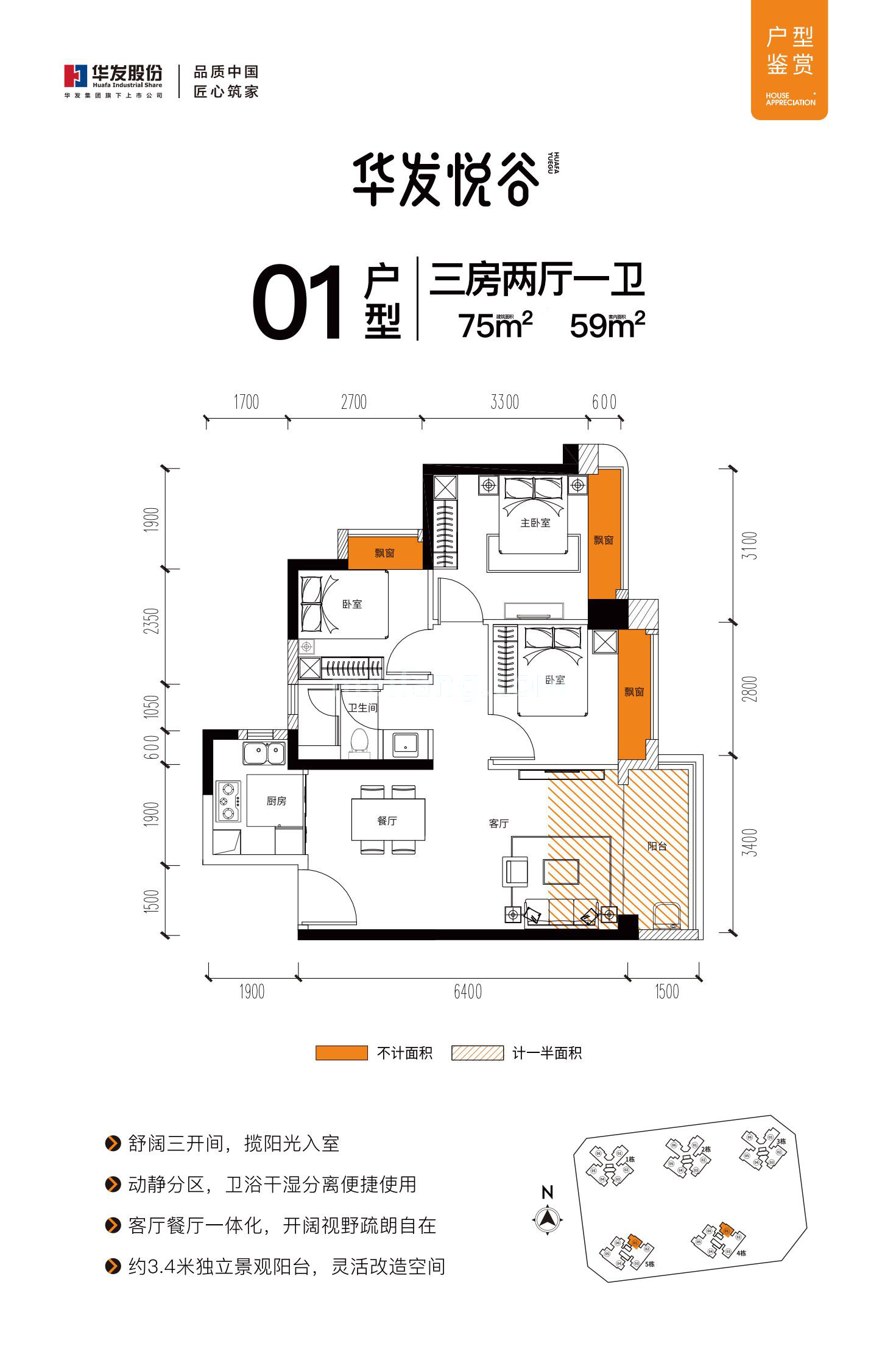 高层 01户型 3房2厅1卫 建面75㎡
