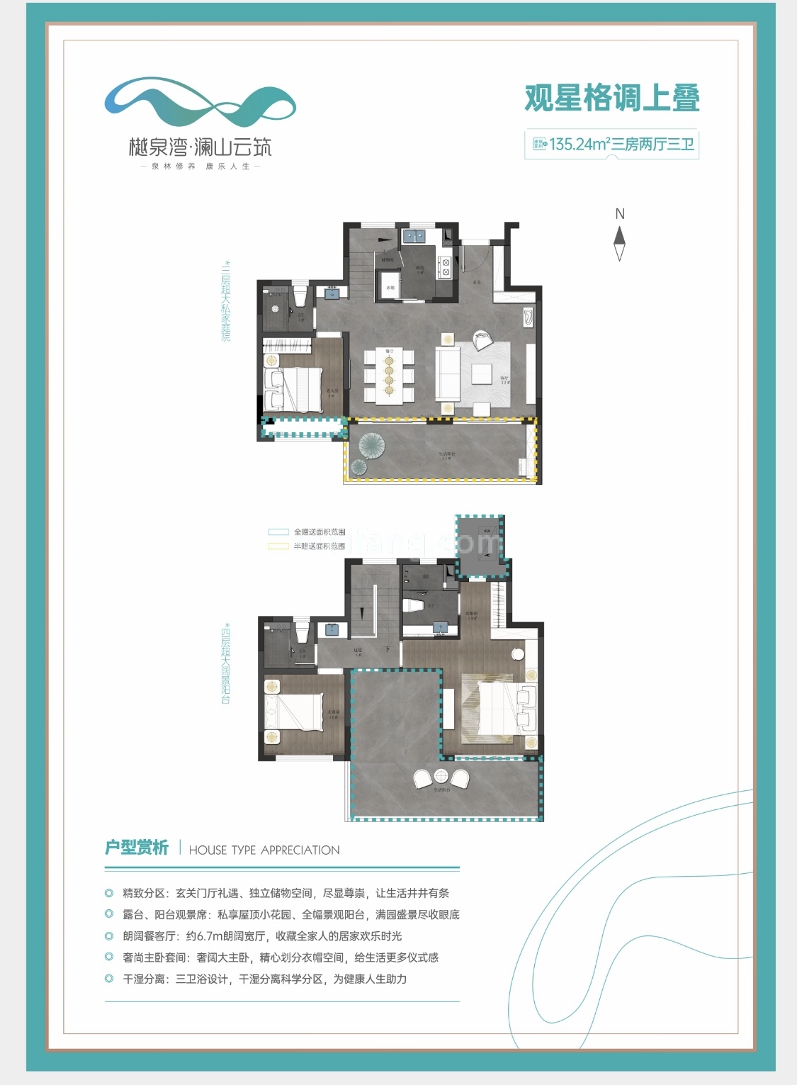 叠墅 上叠户型 3房2厅3卫 建筑面积135.24㎡