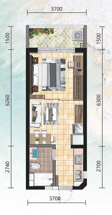 强盛城市海岸高层 3#04户型 建面49.11㎡ 1房2厅1卫