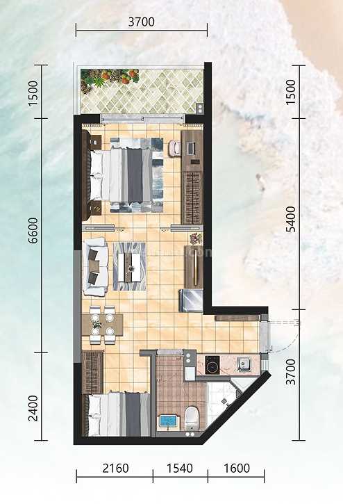 强盛城市海岸高层 3#02户型 建面55.45㎡ 2房2厅1卫