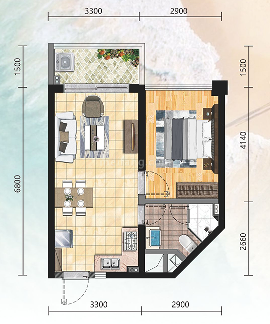 强盛城市海岸高层 3#05户型 建面57.2㎡ 1房2厅1卫